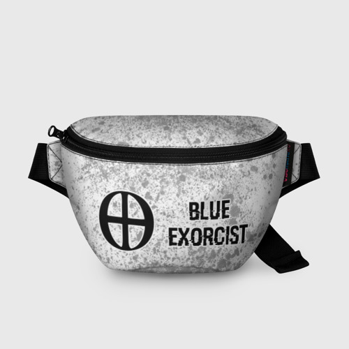 Поясная сумка 3D с принтом Blue Exorcist glitch на светлом фоне: надпись и символ, вид спереди #2