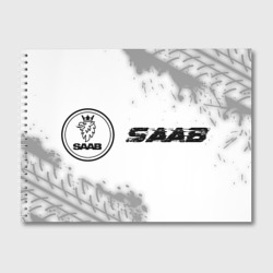 Альбом для рисования Saab speed на светлом фоне со следами шин: надпись и символ