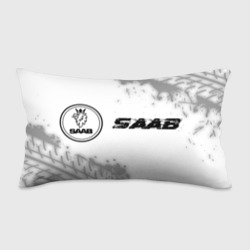 Подушка 3D антистресс Saab speed на светлом фоне со следами шин: надпись и символ