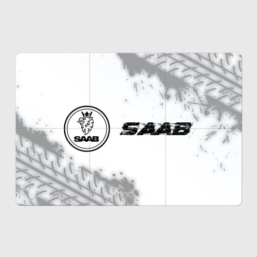 Магнитный плакат 3Х2 Saab speed на светлом фоне со следами шин: надпись и символ