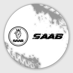 Круглый коврик для мышки Saab speed на светлом фоне со следами шин: надпись и символ