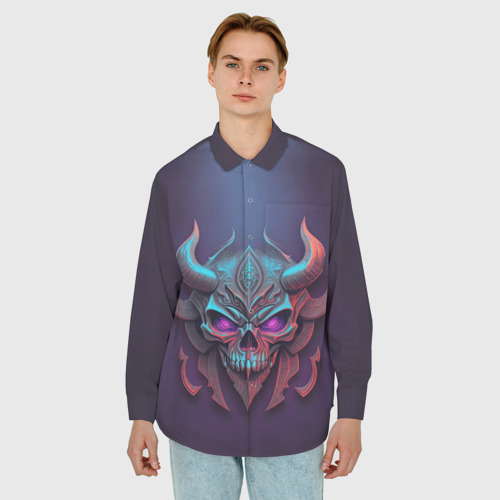 Мужская рубашка oversize 3D с принтом Череп рогатого демона, фото на моделе #1