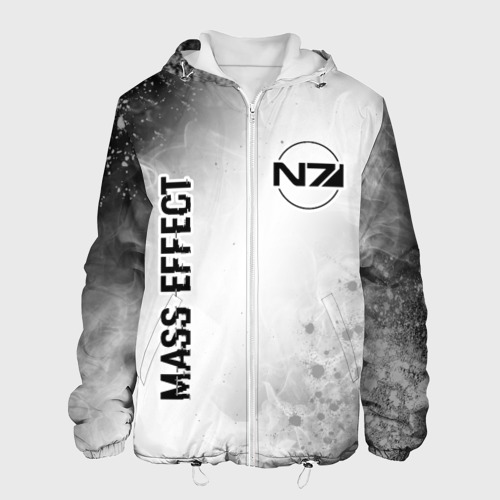 Мужская куртка с принтом Mass Effect glitch на светлом фоне: надпись, символ, вид спереди №1
