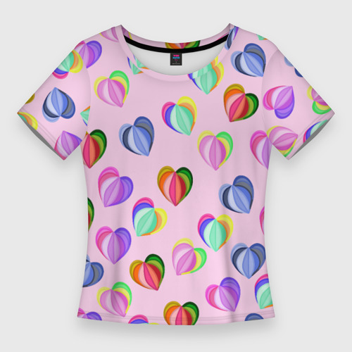 Женская футболка 3D Slim Цветные сердечки , цвет 3D печать