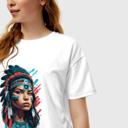 Женская футболка хлопок Oversize Индианка в роуче и боевой раскраске - фото 2