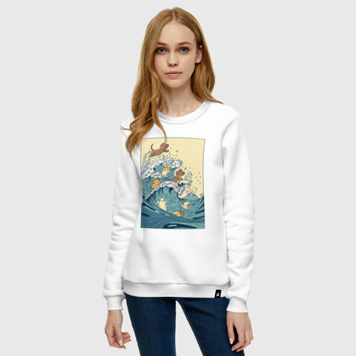 Женский свитшот хлопок с принтом Собачки в море, фото на моделе #1