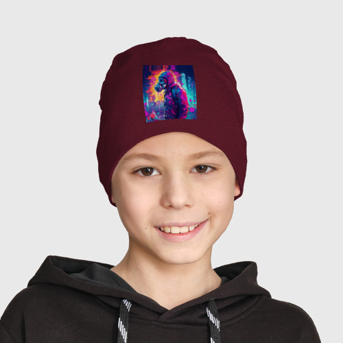 Детская шапка демисезонная Человек в защитном костюме в лучах неонового света, цвет меланж-бордовый - фото 3