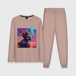 Мужская пижама с лонгсливом хлопок Человек в противогазе окружен неоновыми цветами