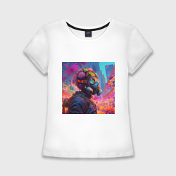 Женская футболка хлопок Slim Человек в противогазе окружен неоновыми цветами