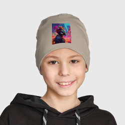 Детская шапка демисезонная Человек в противогазе окружен неоновыми цветами - фото 2