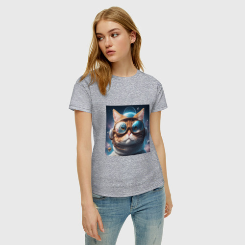 Женская футболка хлопок Котик астронавт в космосе, цвет меланж - фото 3