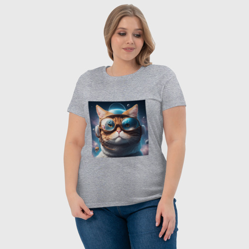 Женская футболка хлопок Котик астронавт в космосе, цвет меланж - фото 6