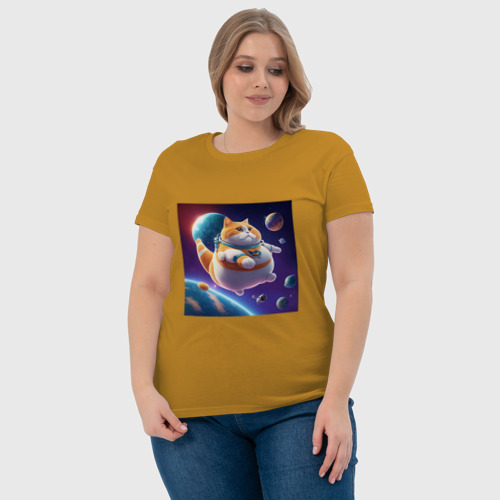 Женская футболка хлопок Толстый кот в космосе, цвет горчичный - фото 6