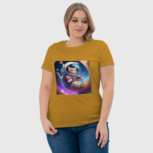Женская футболка хлопок Котенок космонавт в космосе, цвет горчичный - фото 6