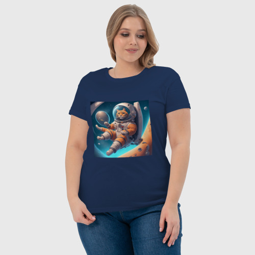 Женская футболка хлопок Тигр космонавт в космосе, цвет темно-синий - фото 6