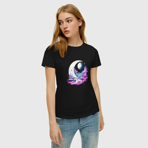 Женская футболка хлопок Планета и космический пейзаж, цвет черный - фото 3
