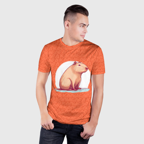 Мужская футболка 3D Slim с принтом Оранжевая капибара, фото на моделе #1