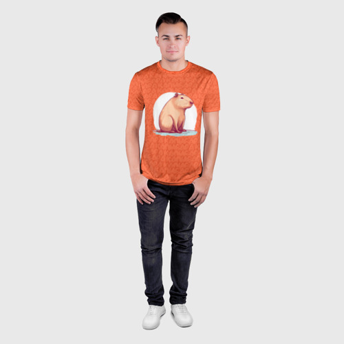 Мужская футболка 3D Slim с принтом Оранжевая капибара, вид сбоку #3