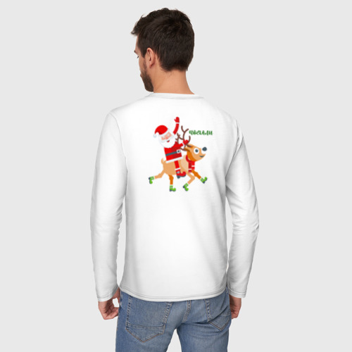 Мужской лонгслив хлопок с принтом Дед Мороз и новогодний олень, вид сзади #2