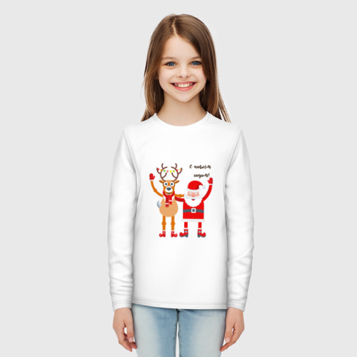 Детский лонгслив хлопок с принтом Дед Мороз и новогодний олень, вид сбоку #3