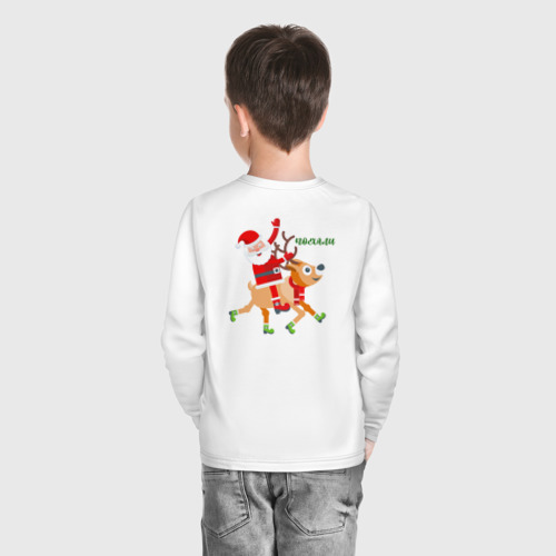 Детский лонгслив хлопок с принтом Дед Мороз и новогодний олень, вид сзади #2