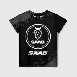 Детская футболка 3D Saab speed на темном фоне со следами шин