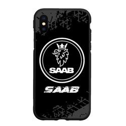 Чехол для iPhone XS Max матовый Saab speed на темном фоне со следами шин