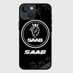 Чехол для iPhone 13 mini Saab speed на темном фоне со следами шин