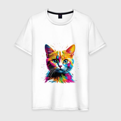 Мужская футболка из хлопка с принтом Красочный кот, вид спереди №1