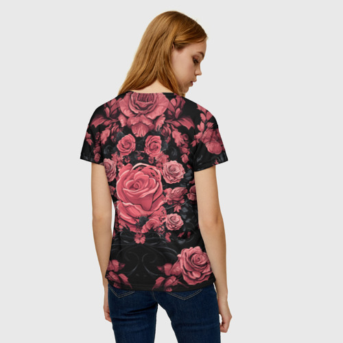 Женская футболка 3D с принтом И череп и розы, вид сзади #2