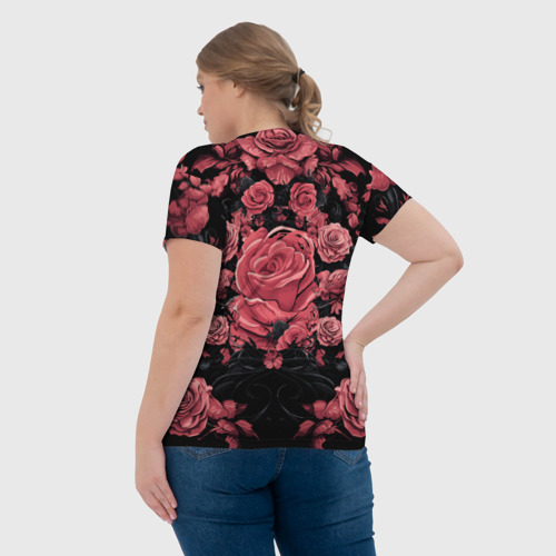 Женская футболка 3D с принтом И череп и розы, вид сзади #2