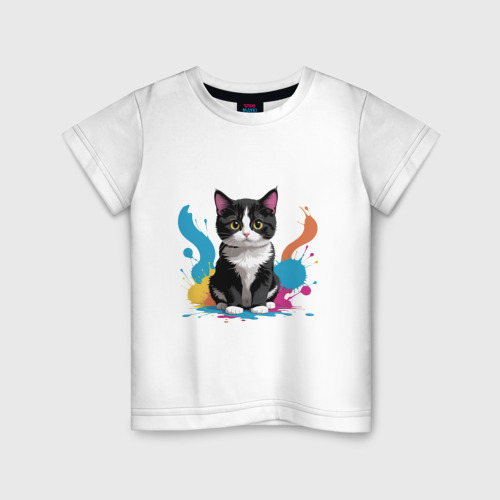 Детская футболка из хлопка с принтом Кот акварелька, вид спереди №1
