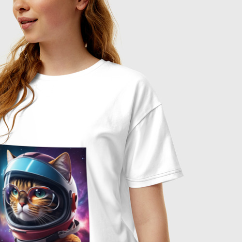 Женская футболка хлопок Oversize Котик космонавт в шлеме и очках, цвет белый - фото 3