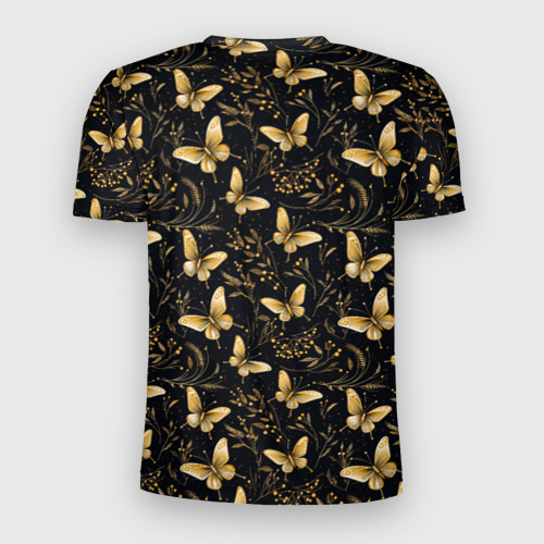 Мужская футболка 3D Slim с принтом Золотые бабочки на черном фоне, вид сзади #1