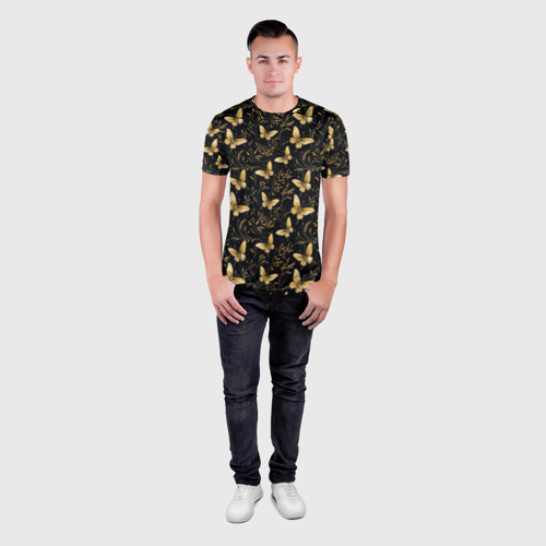 Мужская футболка 3D Slim с принтом Золотые бабочки на черном фоне, вид сбоку #3