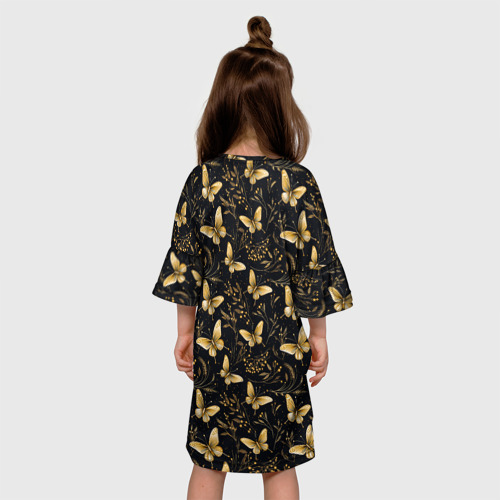 Детское платье 3D с принтом Золотые бабочки на черном фоне, вид сзади #2