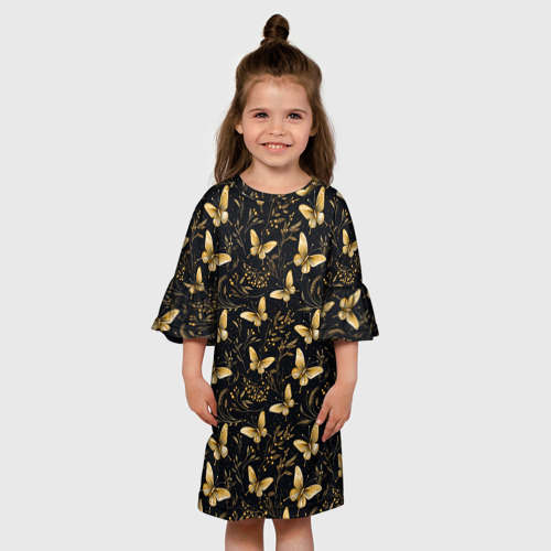 Детское платье 3D с принтом Золотые бабочки на черном фоне, вид сбоку #3