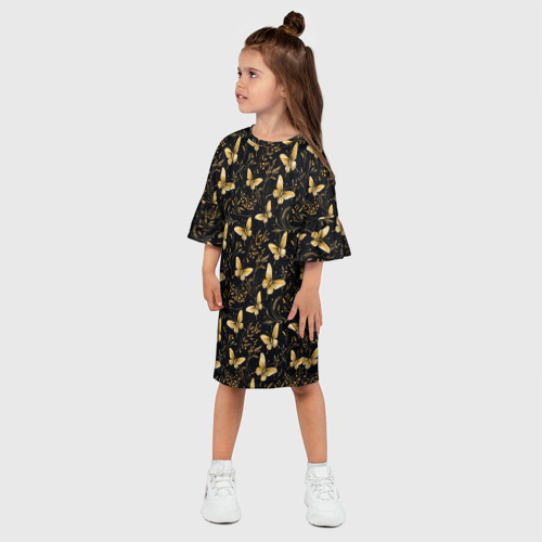 Детское платье 3D с принтом Золотые бабочки на черном фоне, фото на моделе #1