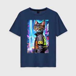 Женская футболка хлопок Oversize Котёнок в мегаполисе - нейросеть
