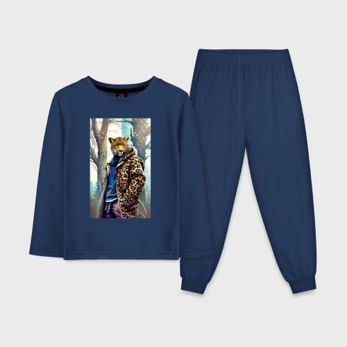 Детская пижама с лонгсливом хлопок с принтом Городской леопард - нейросеть, вид спереди #2