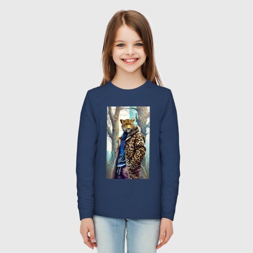 Детский лонгслив хлопок с принтом Городской леопард - нейросеть, вид сбоку #3