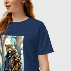 Женская футболка хлопок Oversize Городской леопард - нейросеть - фото 2
