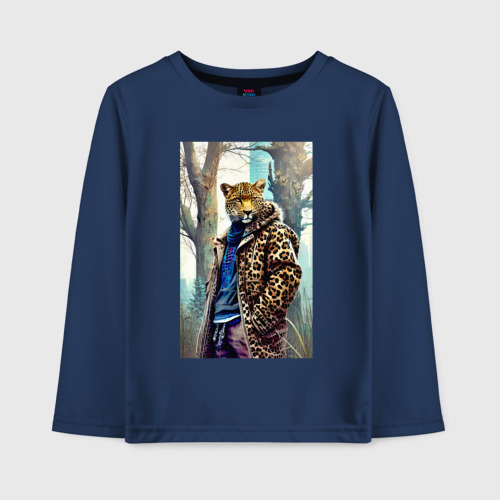 Детский лонгслив хлопок с принтом Городской леопард - нейросеть, вид спереди #2