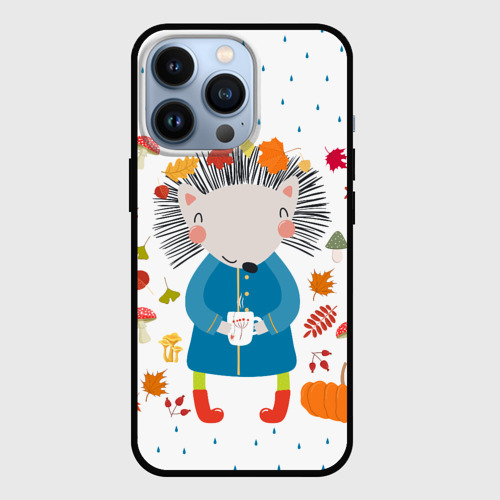 Чехол для iPhone 13 Pro с принтом Милый ежик в осенних листьях, вид спереди #2