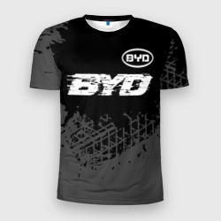 Мужская футболка 3D Slim BYD speed на темном фоне со следами шин: символ сверху