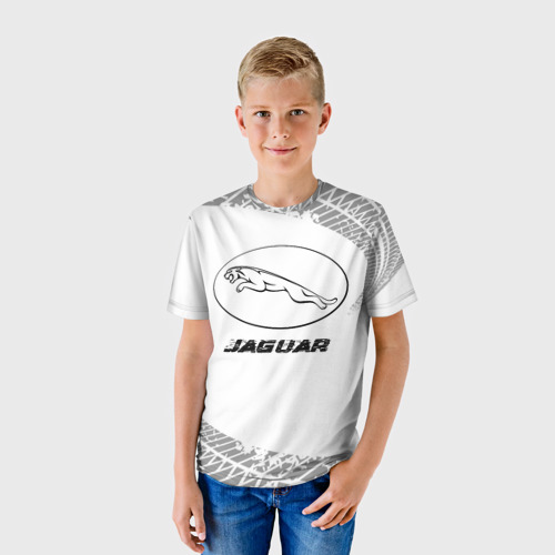 Детская футболка 3D Jaguar speed на светлом фоне со следами шин, цвет 3D печать - фото 3