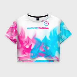 Женская футболка Crop-top 3D Ghost of Tsushima neon gradient style: символ сверху