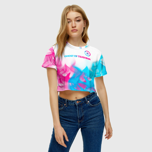 Женская футболка Crop-top 3D Ghost of Tsushima neon gradient style: символ сверху, цвет 3D печать - фото 3