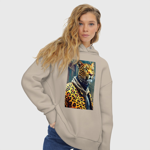 Женское худи Oversize хлопок с принтом Крутой леопард житель мегаполиса, вид сбоку #3