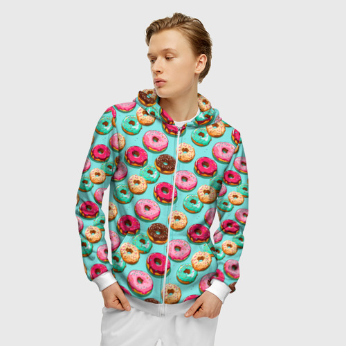 Мужская толстовка 3D на молнии Разноцветные пончики паттерн, цвет белый - фото 3